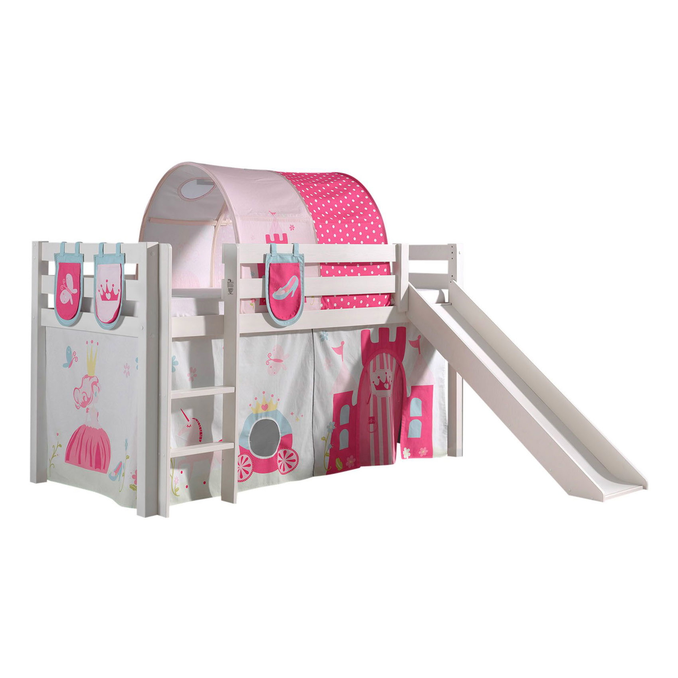 Halbhohes Bett Princess mit Rutsche Weiss, mit Spielvorhang, Höhle und Betttaschen