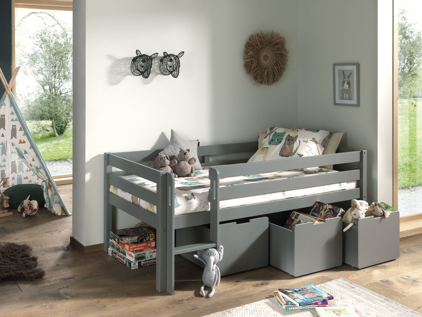 Bett Pino inkl. Hängeablage & Schubladen Set Grau 4