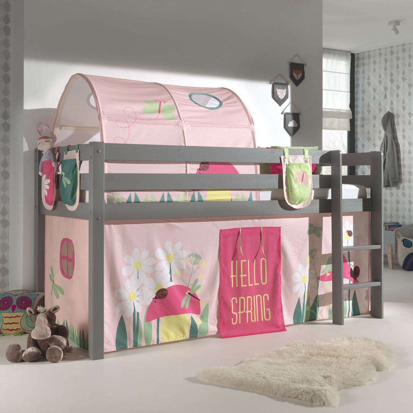 Halbhohes Bett Pino Spring Grau, mit Spielvorhang, Höhle und Betttaschen #2