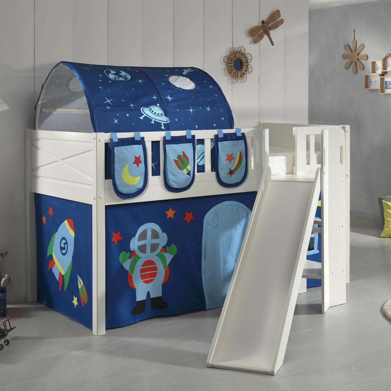 Halbhohes Bett Scott Astro mit Rutsche mit Spielvorhang, Höhle und Betttaschen #2