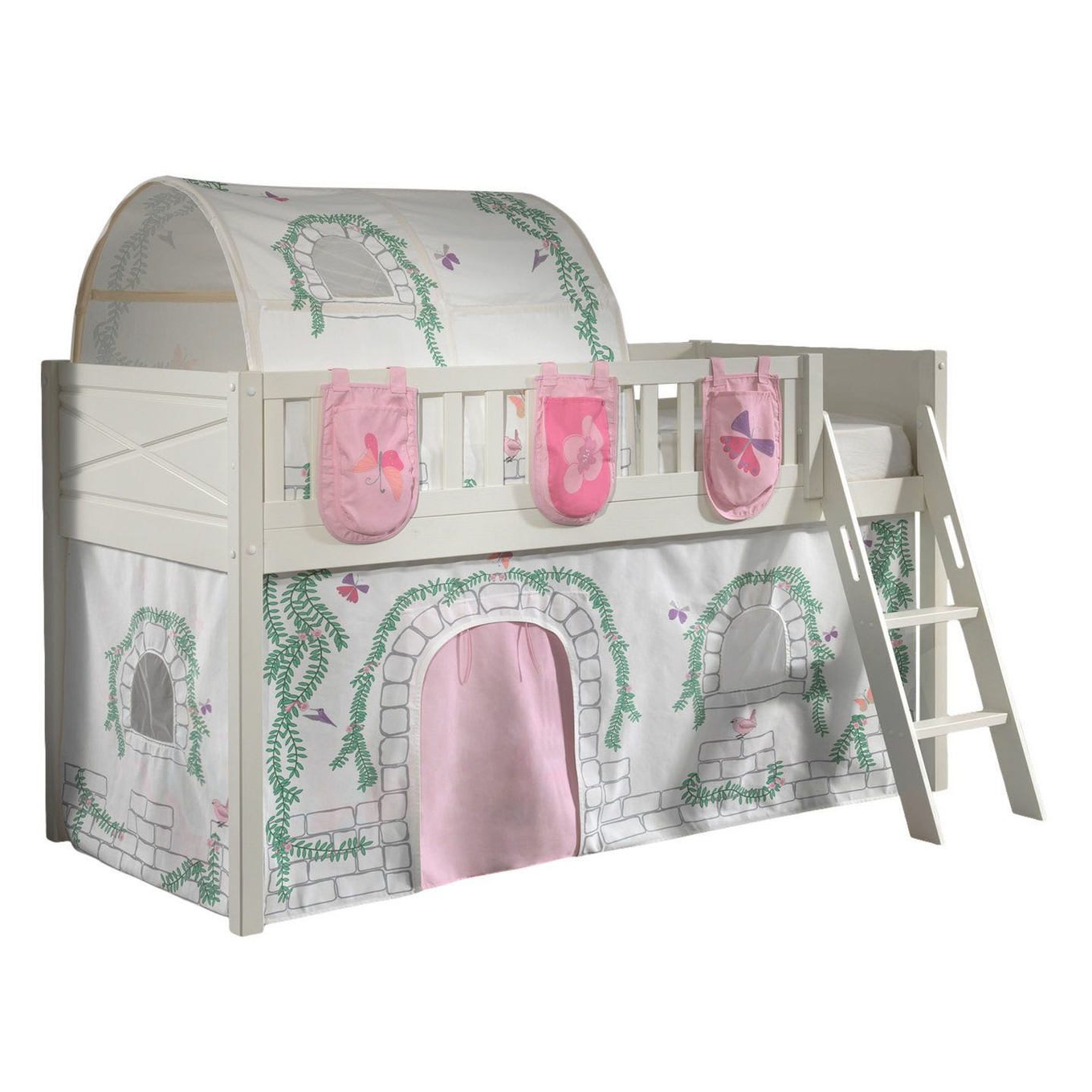 Halbhohes Bett Scott Birdy mit Spielvorhang, Höhle und Betttaschen