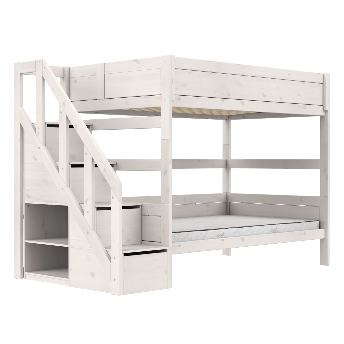 Etagenbett mit Treppe 120x200cm Weiss lasiert, Rollrost 1