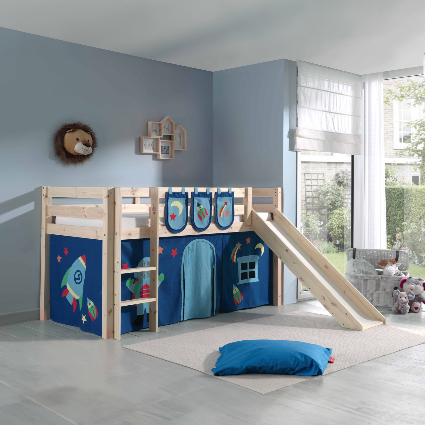 Halbhohes Bett Astro mit Rutsche Holz, mit Spielvorhang und Betttaschen 2