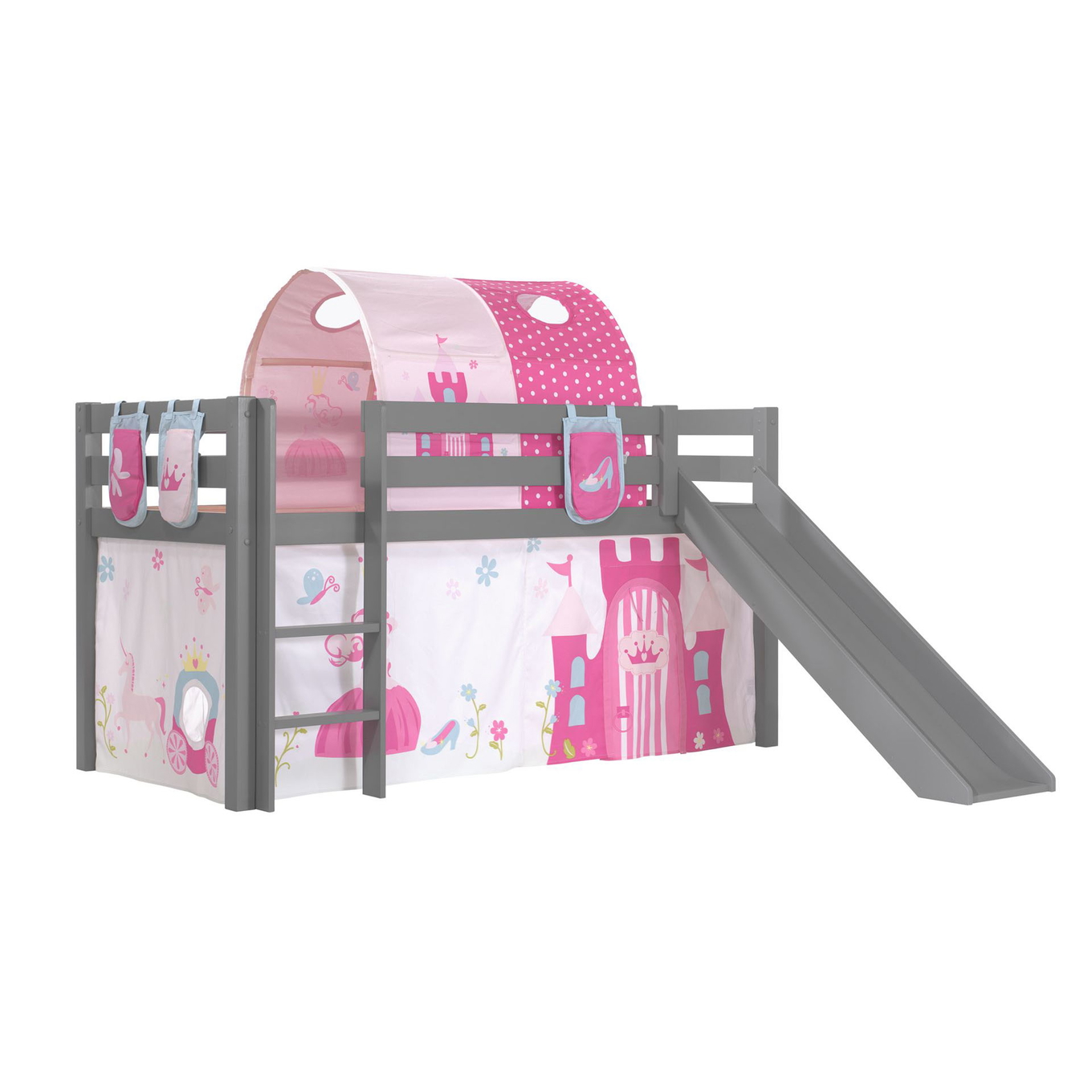 Halbhohes Bett Princess mit Rutsche Grau, mit Spielvorhang, Höhle und Betttaschen