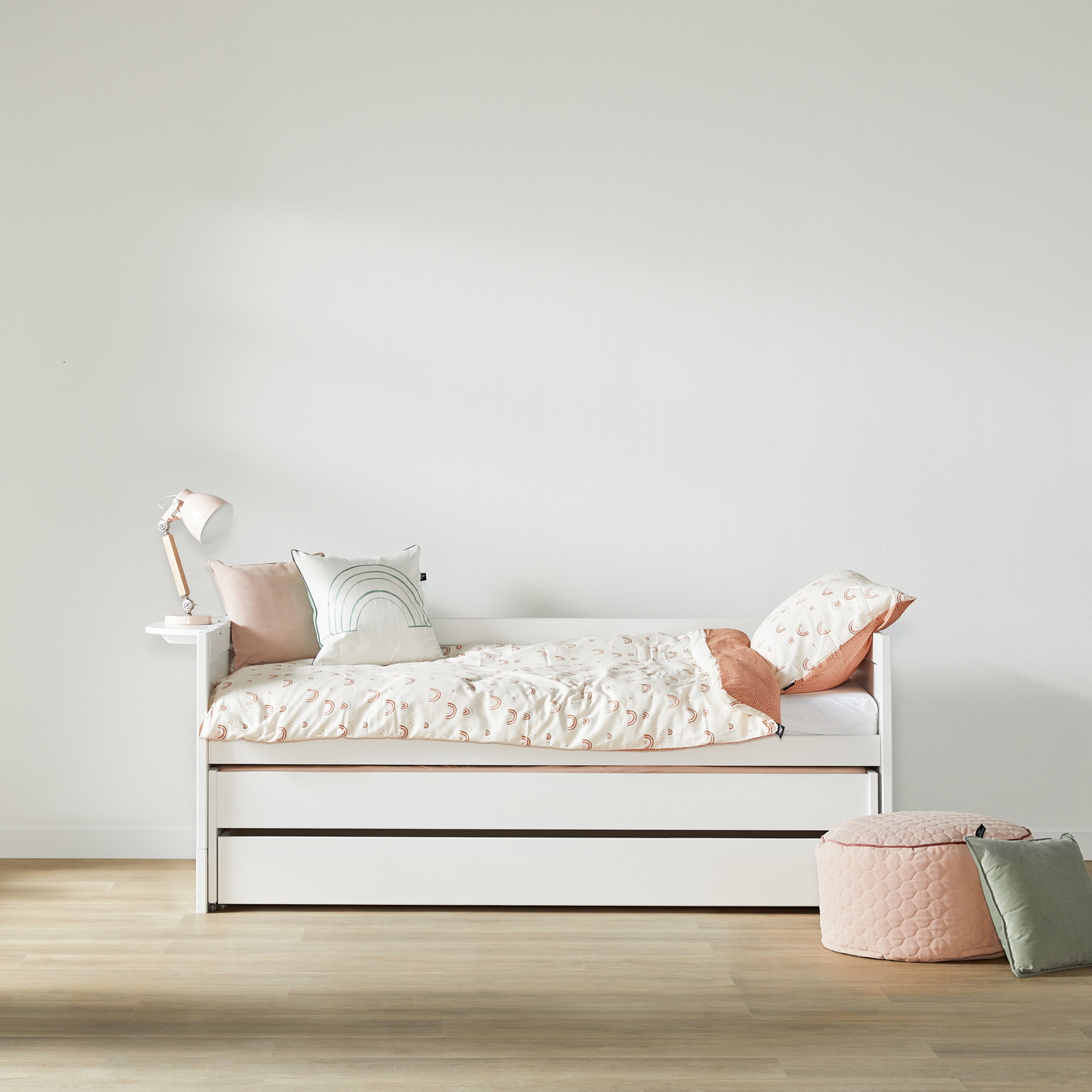 Kojenbett mit Zusatzbett und Schublade Weiss, Rollrost 3
