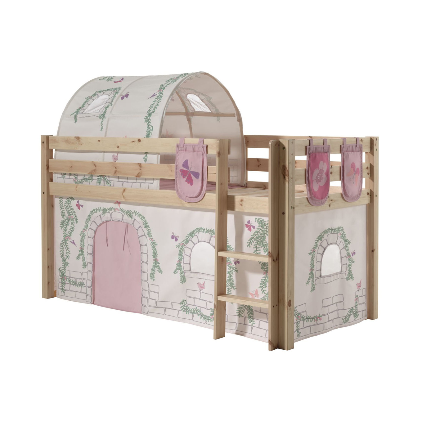 Halbhohes Bett Birdy Holz, mit Spielvorhang, Höhle und Betttaschen