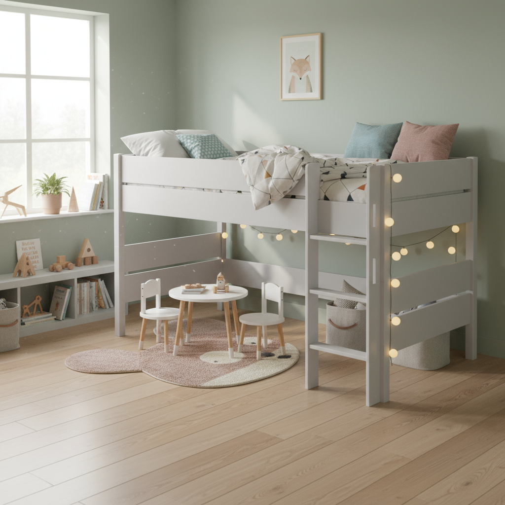 Halbhohes Bett Tiago Grau, mit gerader Leiter, 90 x 200 cm 4