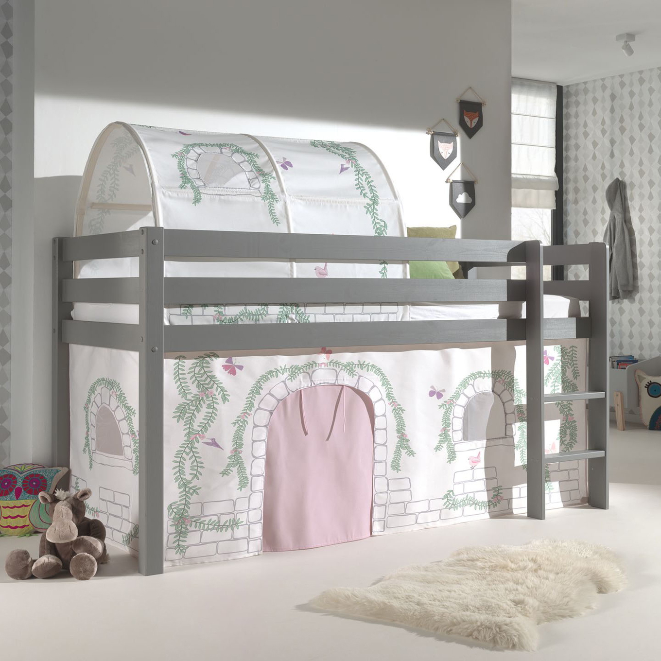 Halbhohes Bett Birdy Grau, mit Spielvorhang und Höhle 2