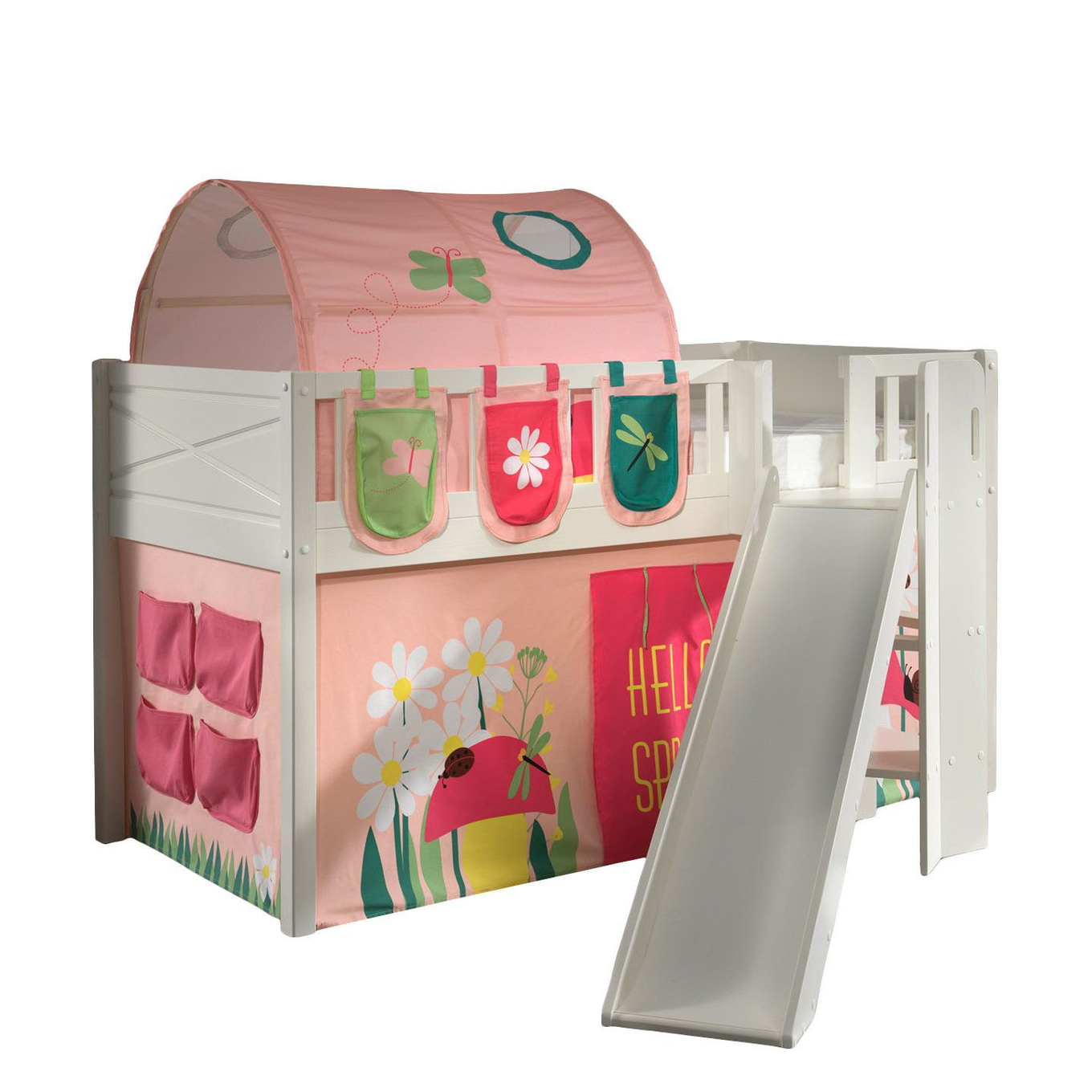 Halbhohes Bett Scott Spring mit Rutsche mit Spielvorhang, Höhle und Betttaschen