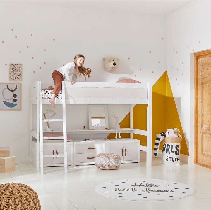 Mittelhohes Bett inkl. Regalmodul Weiss lasiert, Deluxe Lattenrost 1