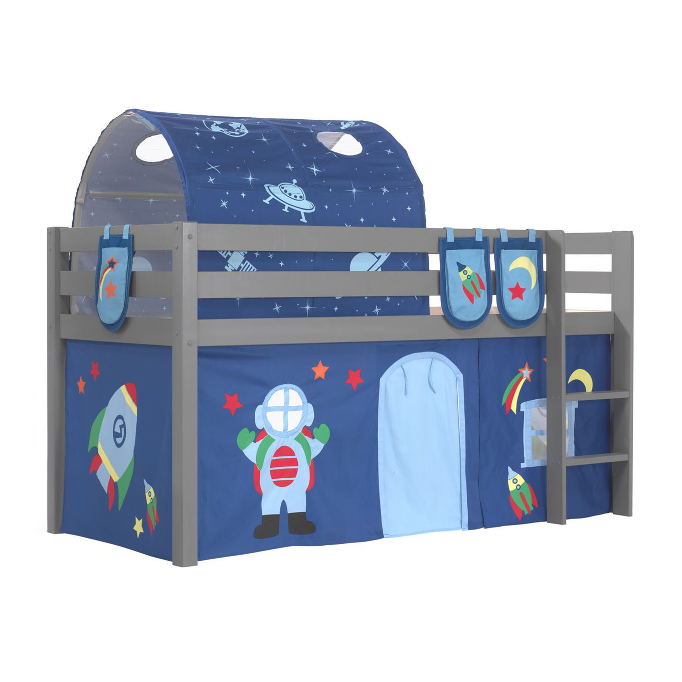 Halbhohes Bett Astro Grau, mit Spielvorhang, Höhle und Betttaschen