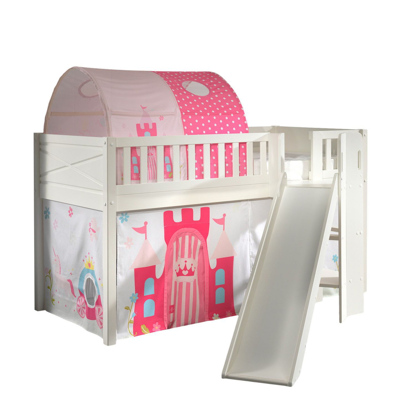 Halbhohes Bett Scott Princess mit Rutsche mit Spielvorhang und Höhle 1