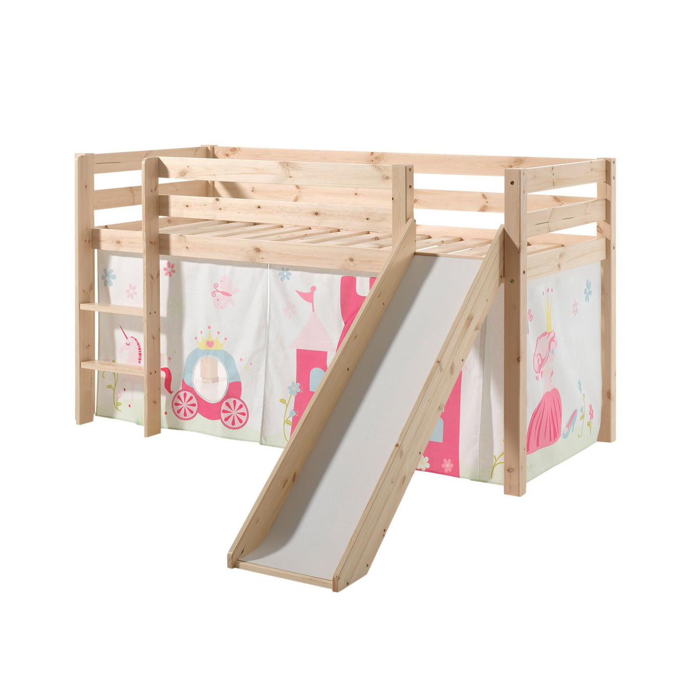 Halbhohes Bett Princess mit Rutsche Holz, mit Spielvorhang 1