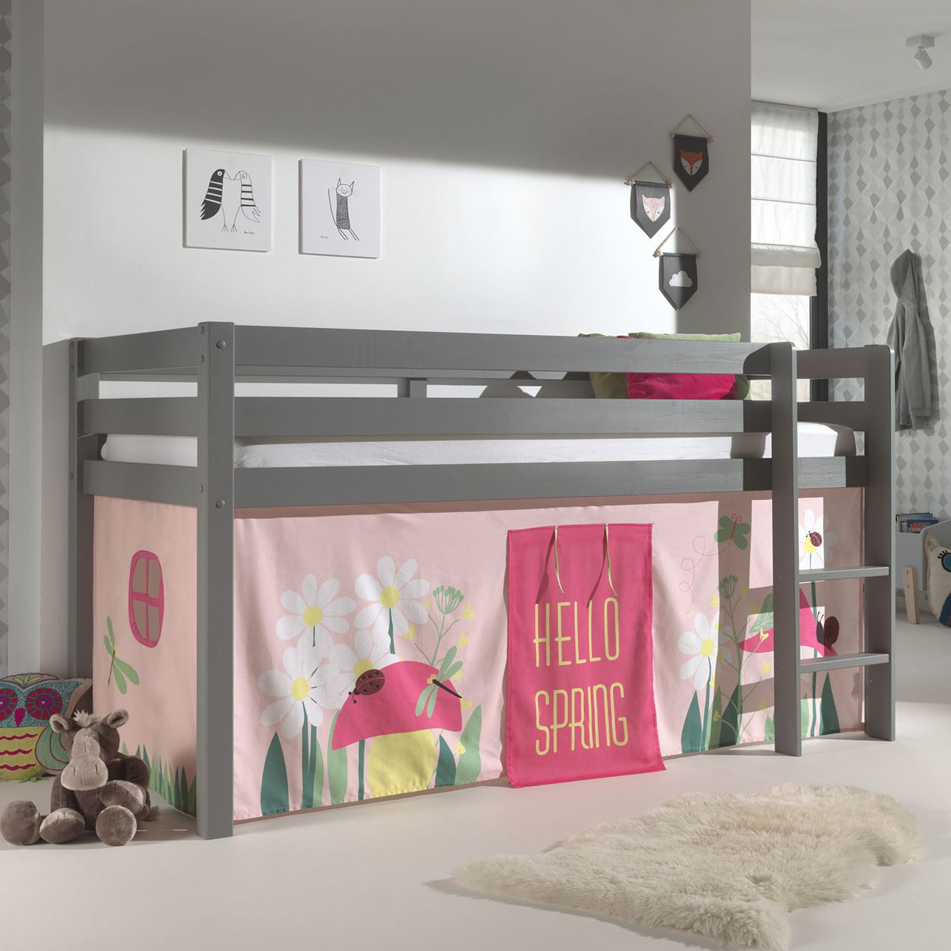 Halbhohes Bett Pino Spring Grau, mit Spielvorhang 2