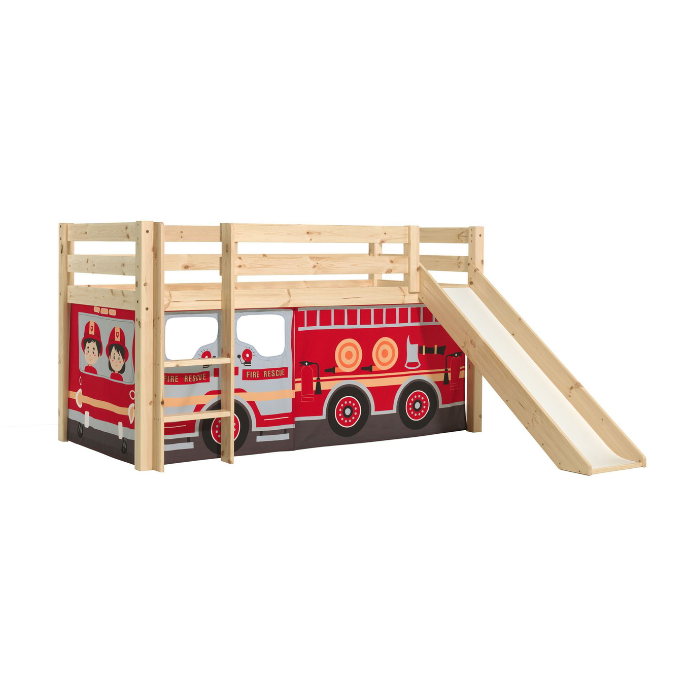 Halbhohes Bett Fire Truck mit Rutsche Holz 1