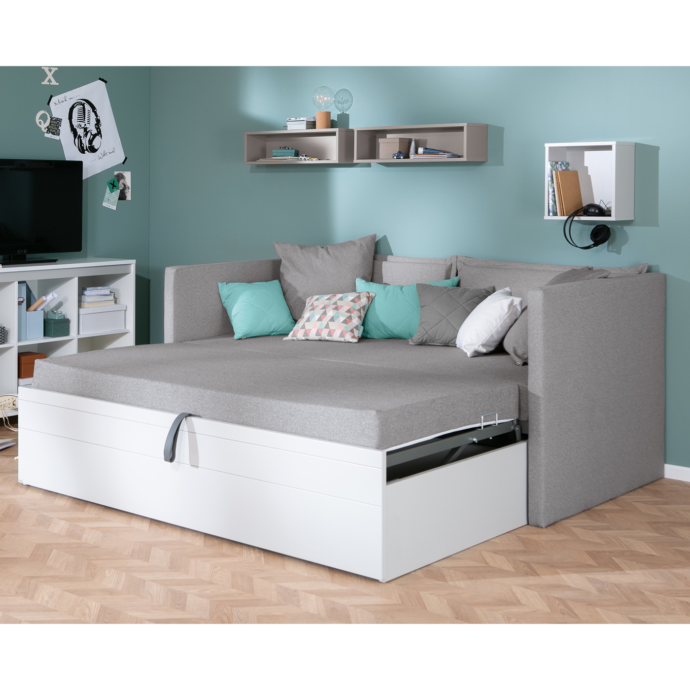 Bett Flynn mit 2 gepolsterten Betthäuptern Weiss, Steingrau 3