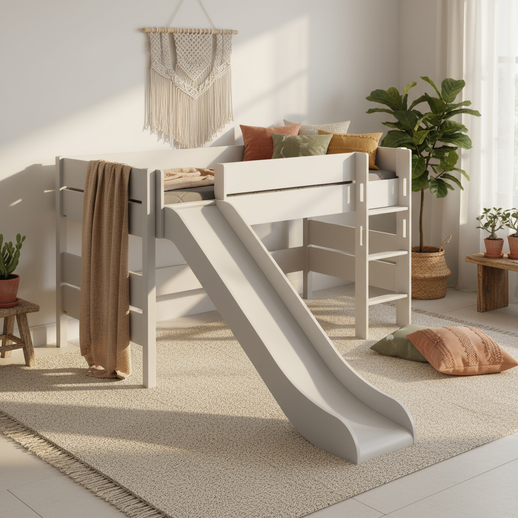 Halbhohes Bett Tiago mit Rutsche Grau, mit gerader Leiter, 90 x 200 cm 4