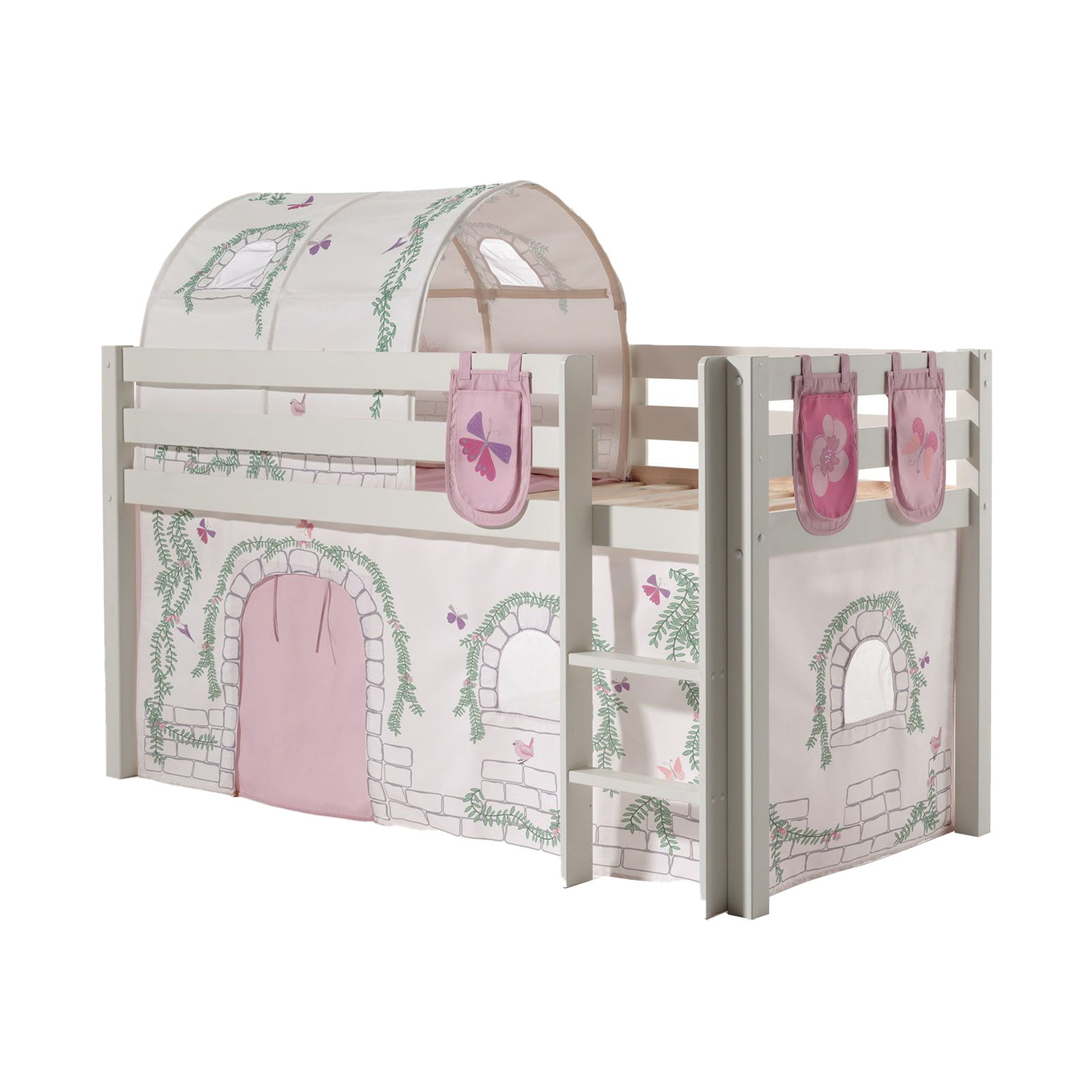 Halbhohes Bett Birdy Weiss, mit Spielvorhang, Höhle und Betttaschen 1