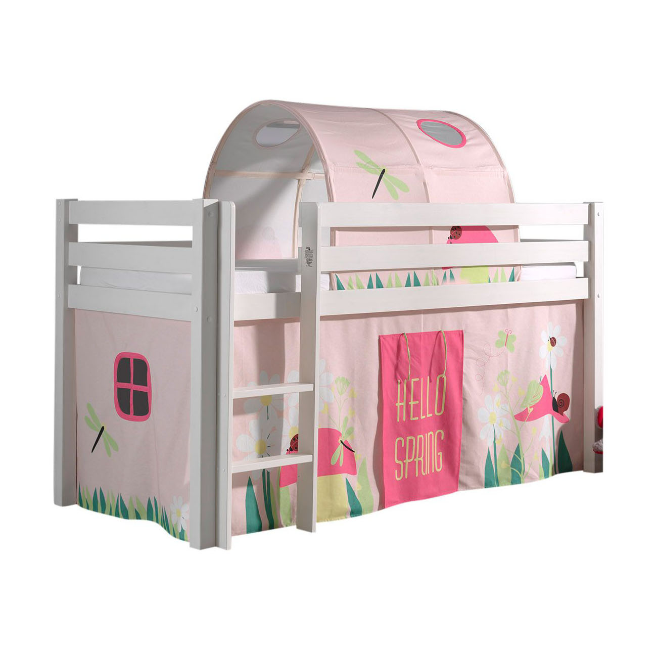 Halbhohes Bett Pino Spring Weiss, mit Spielvorhang und Höhle 1