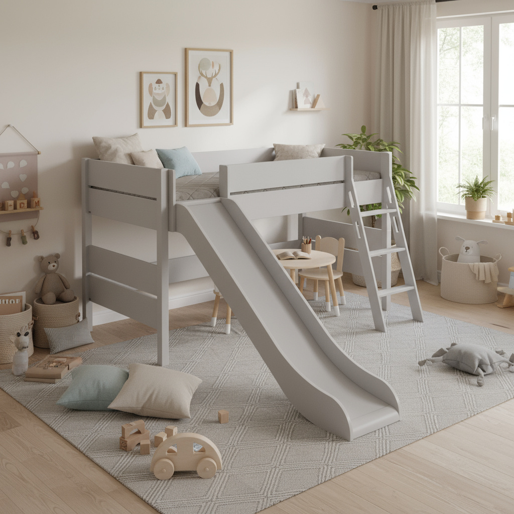Halbhohes Bett Tiago mit Rutsche Grau, mit Schrägleiter, 90 x 200 cm 3