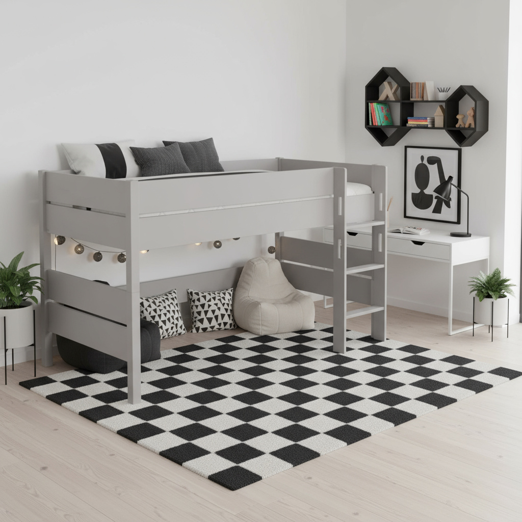 Halbhohes Bett Tiago Grau, mit gerader Leiter, 90 x 200 cm 3