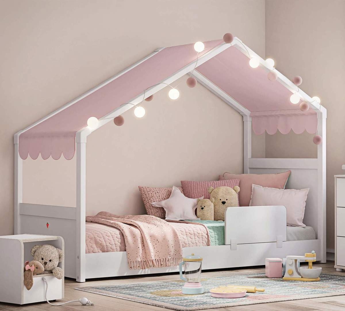 Stoffhimmel Montes für Hausbett mit Seitendach Pink 2