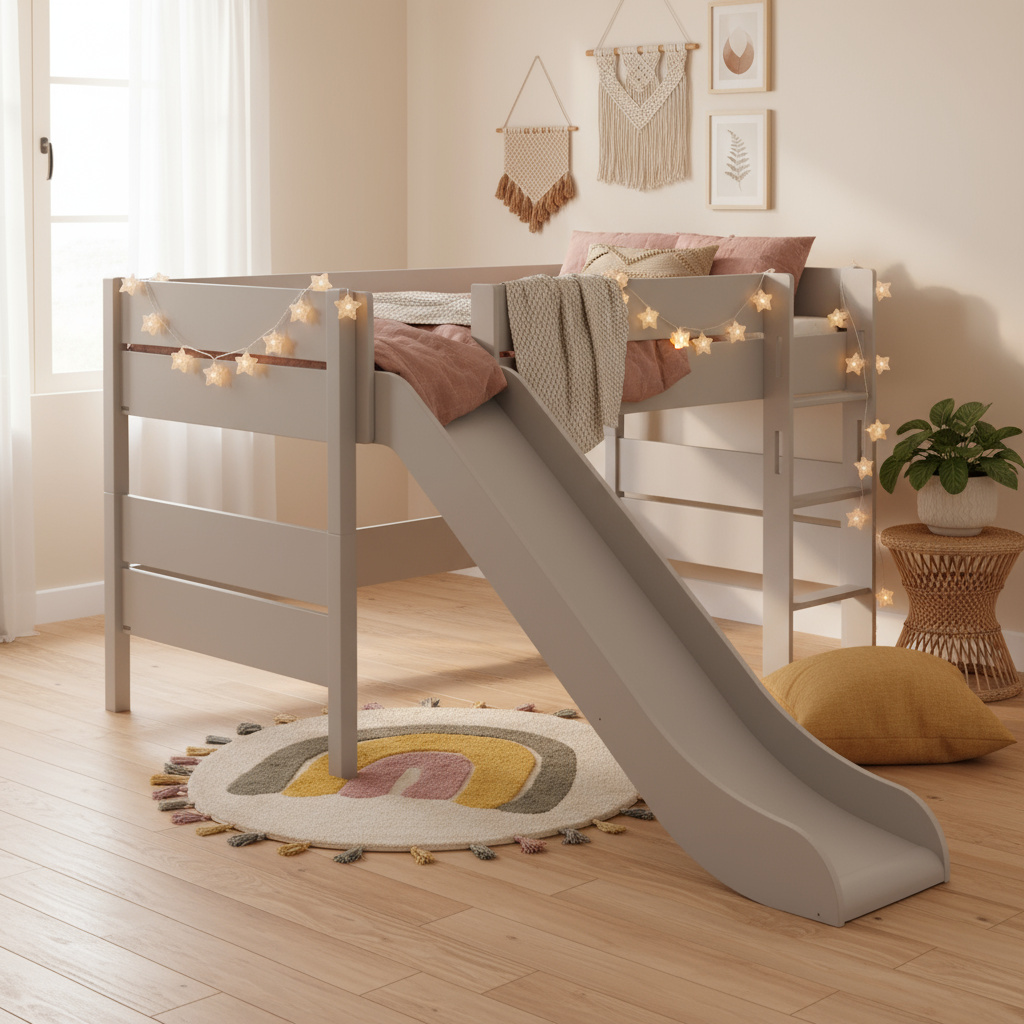 Halbhohes Bett Tiago mit Rutsche Grau, mit gerader Leiter, 120 x 200 cm 5