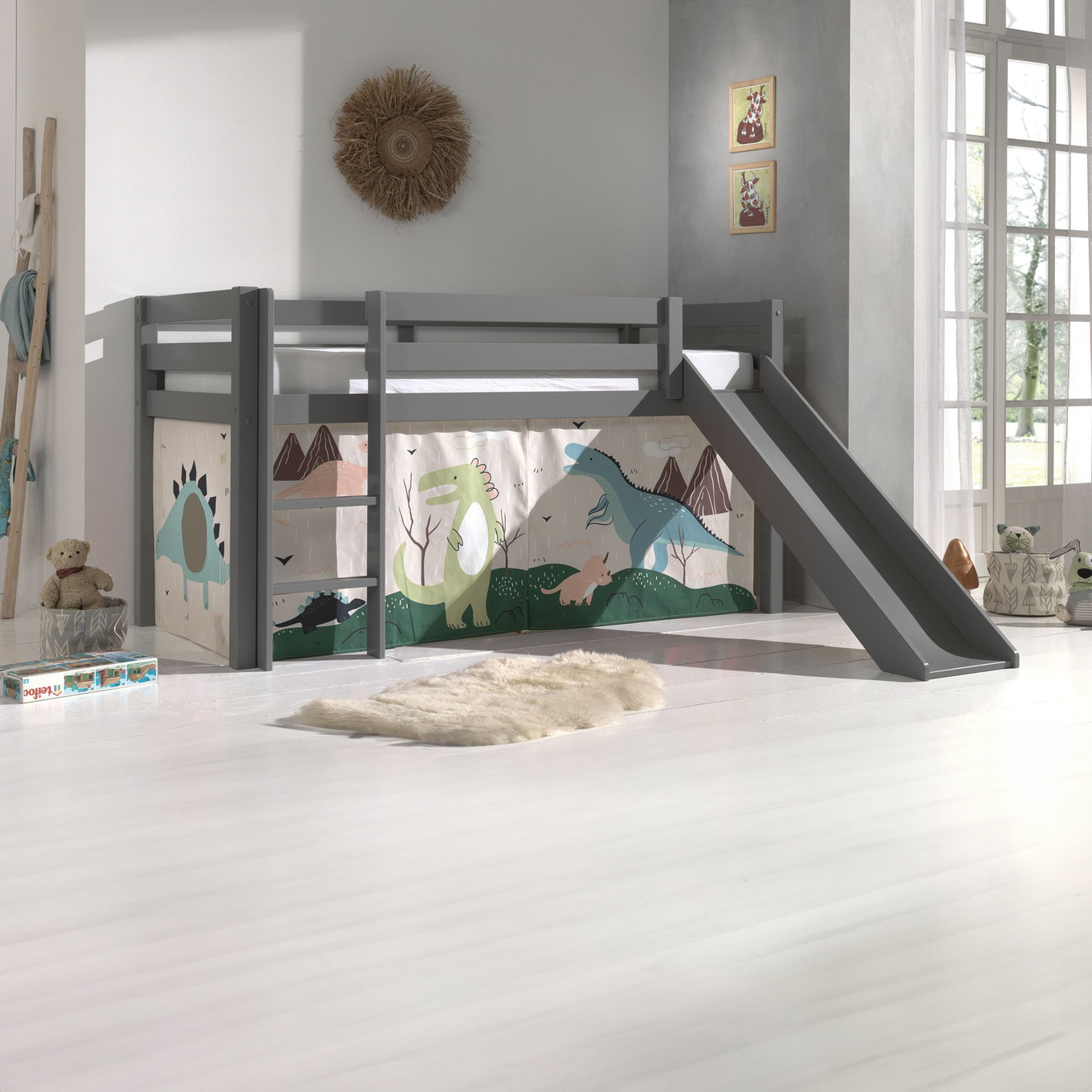 Halbhohes Bett Dino mit Rutsche Grau 2