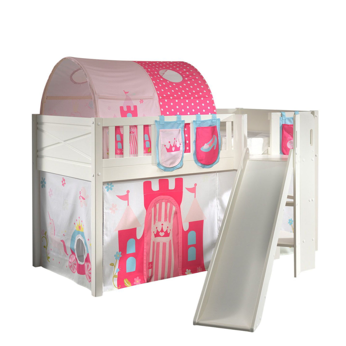 Halbhohes Bett Scott Princess mit Rutsche mit Spielvorhang, Höhle und Betttaschen 1