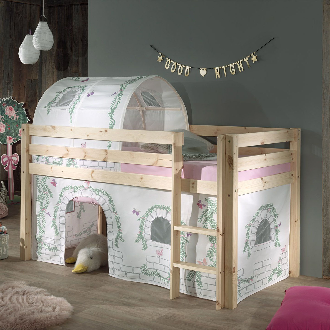 Halbhohes Bett Birdy Holz, mit Spielvorhang und Höhle #2