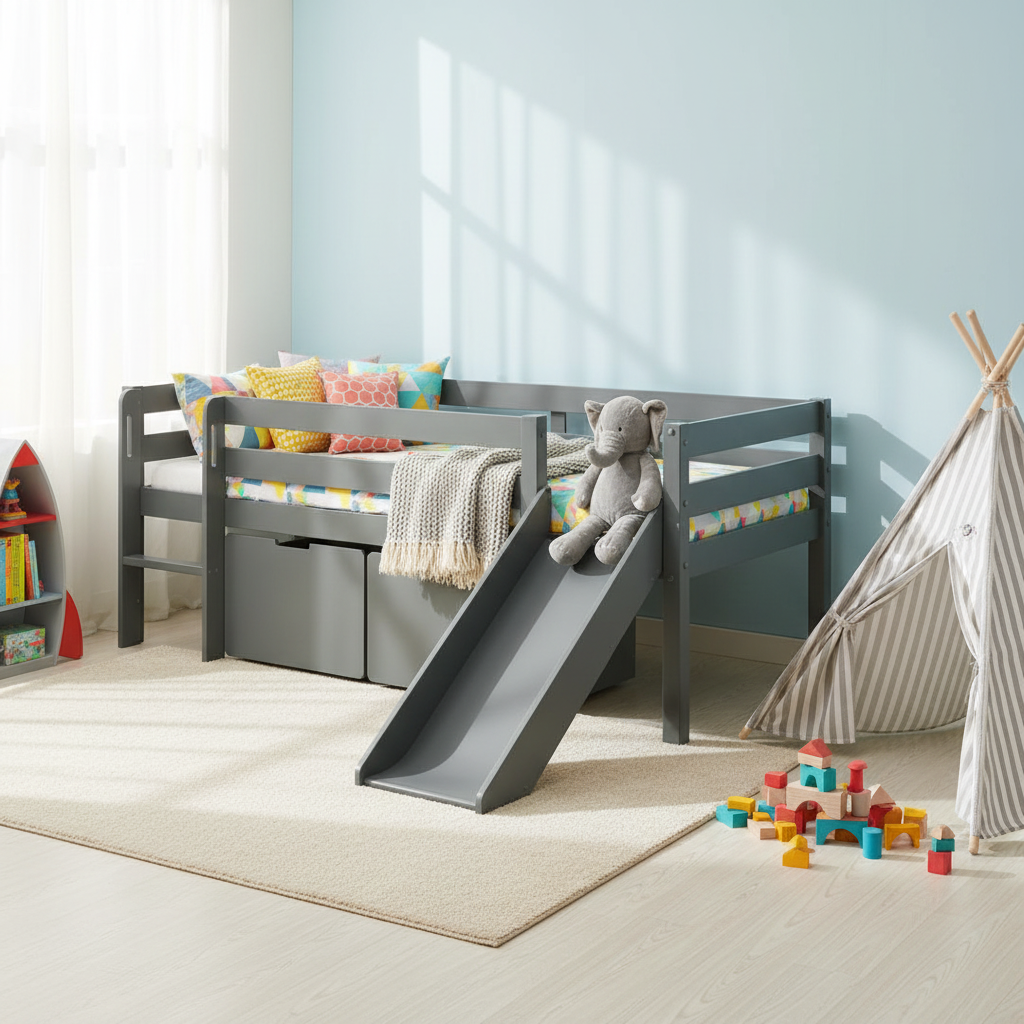 Bett Pino mit Rutsche Grau, mit Schubladen 4