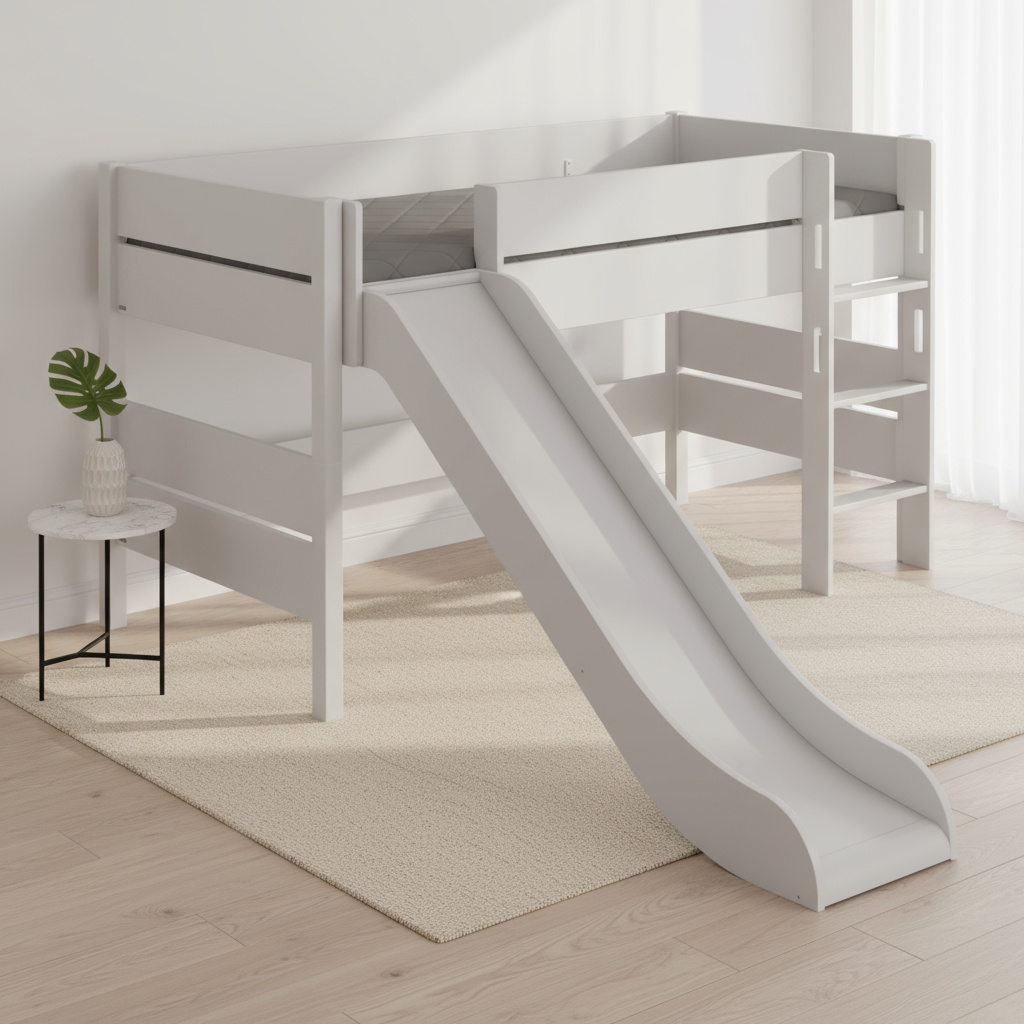 Halbhohes Bett Tiago mit Rutsche Grau, mit gerader Leiter, 120 x 200 cm 4