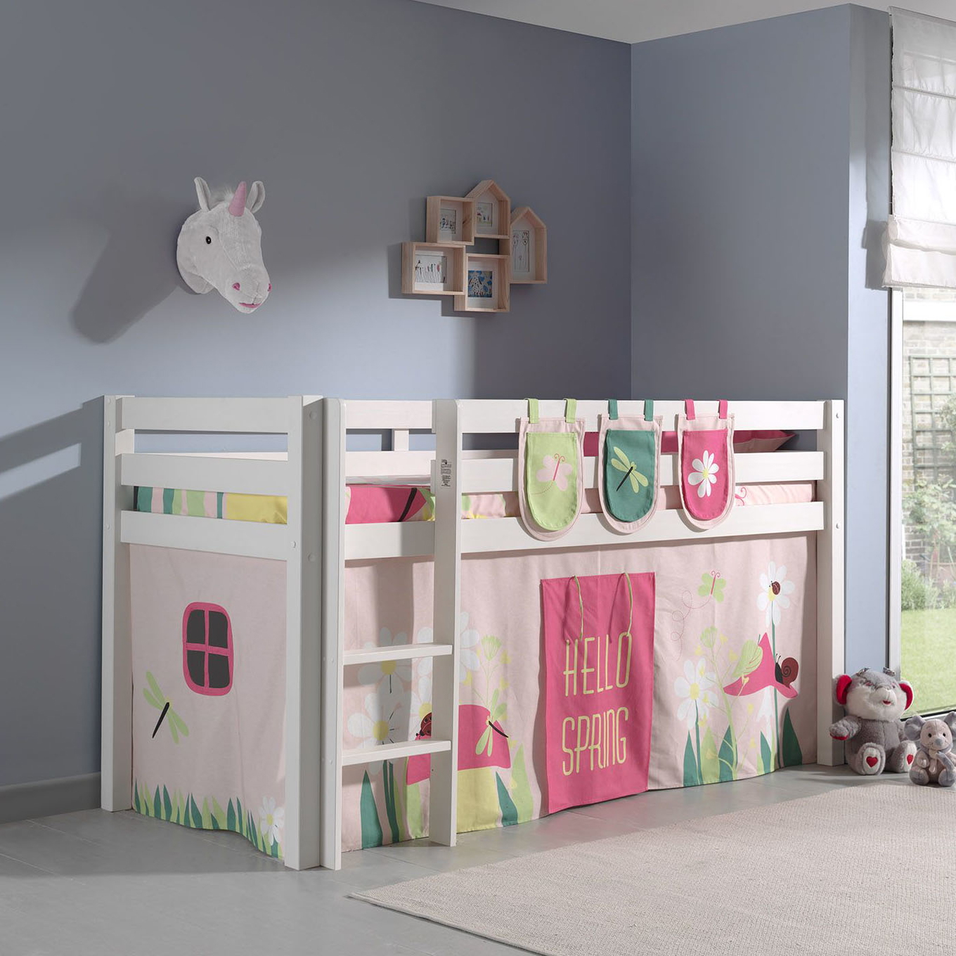 Halbhohes Bett Pino Spring Weiss, mit Spielvorhang und Betttaschen 2