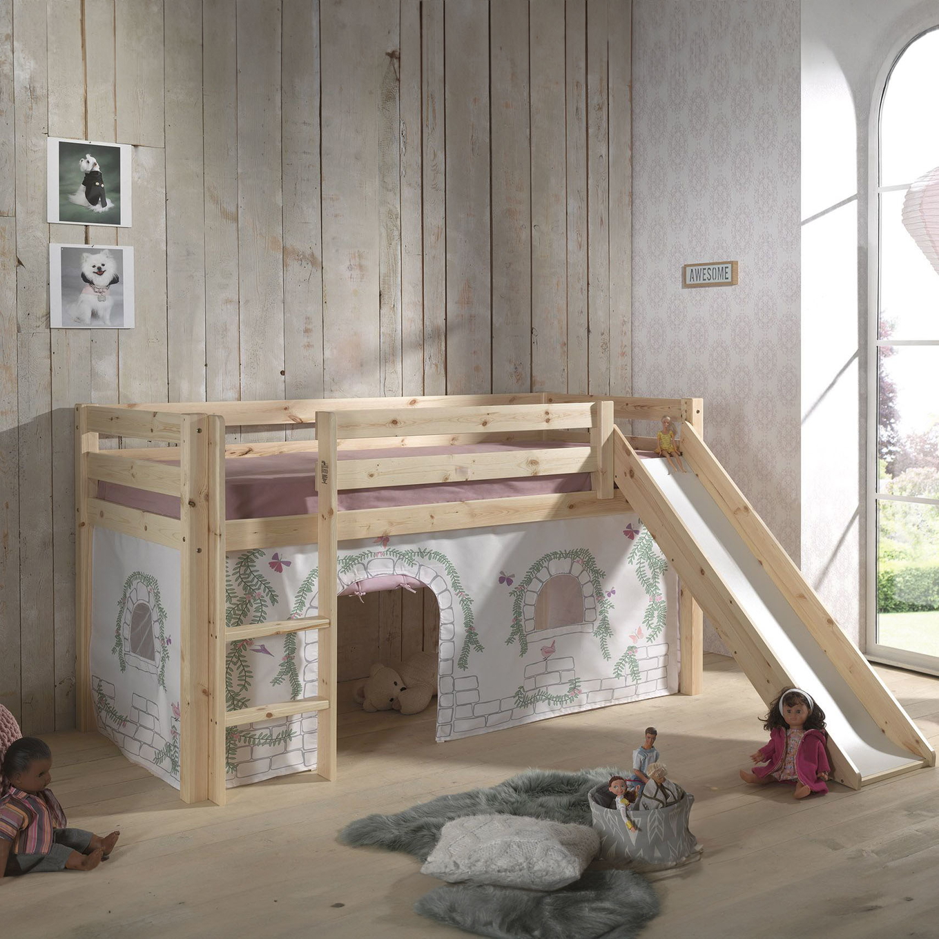 Halbhohes Bett Birdy mit Rutsche Holz, mit Spielvorhang 2