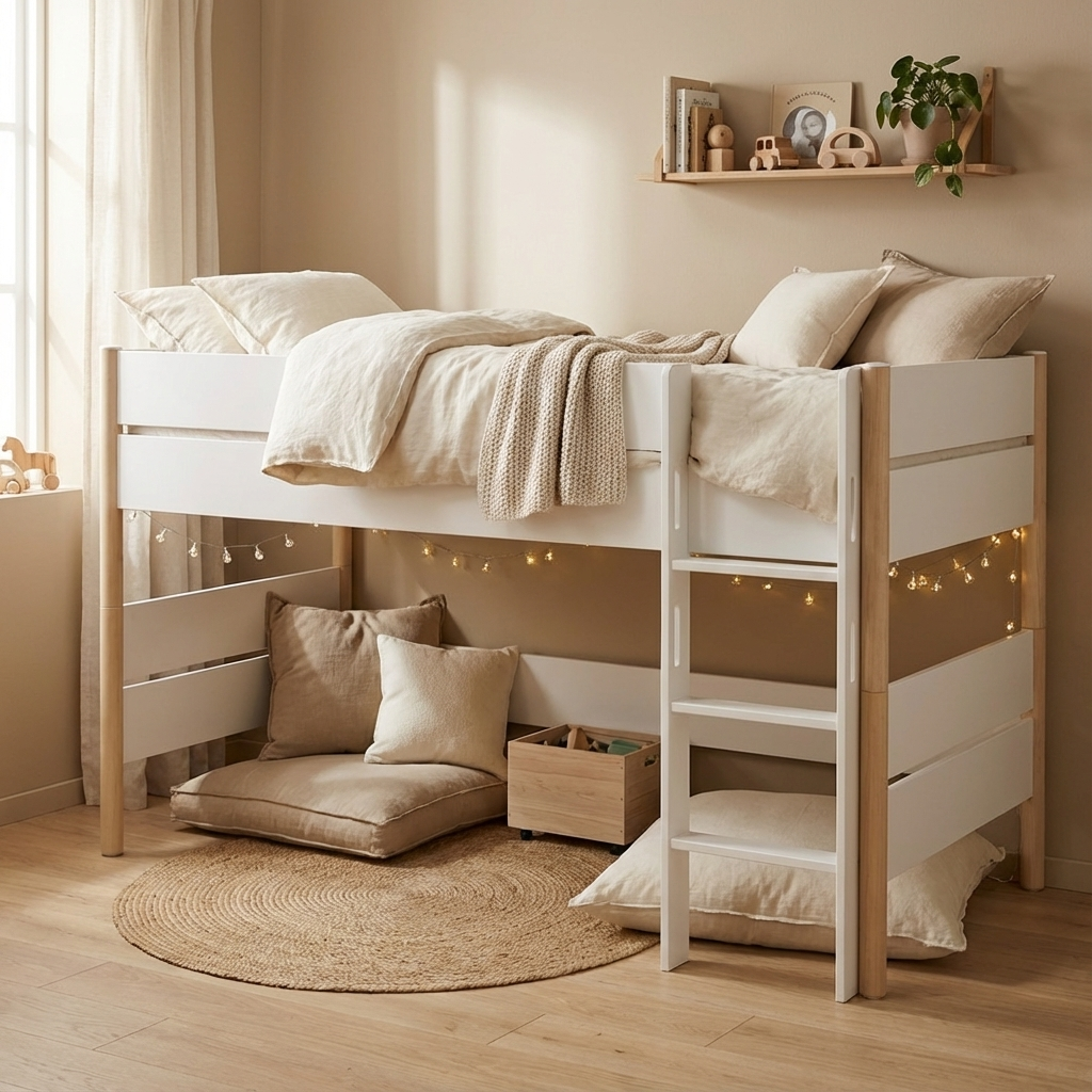 Halbhohes Bett Ylvie mit gerader Leiter, Birke, 90 x 200 cm 4