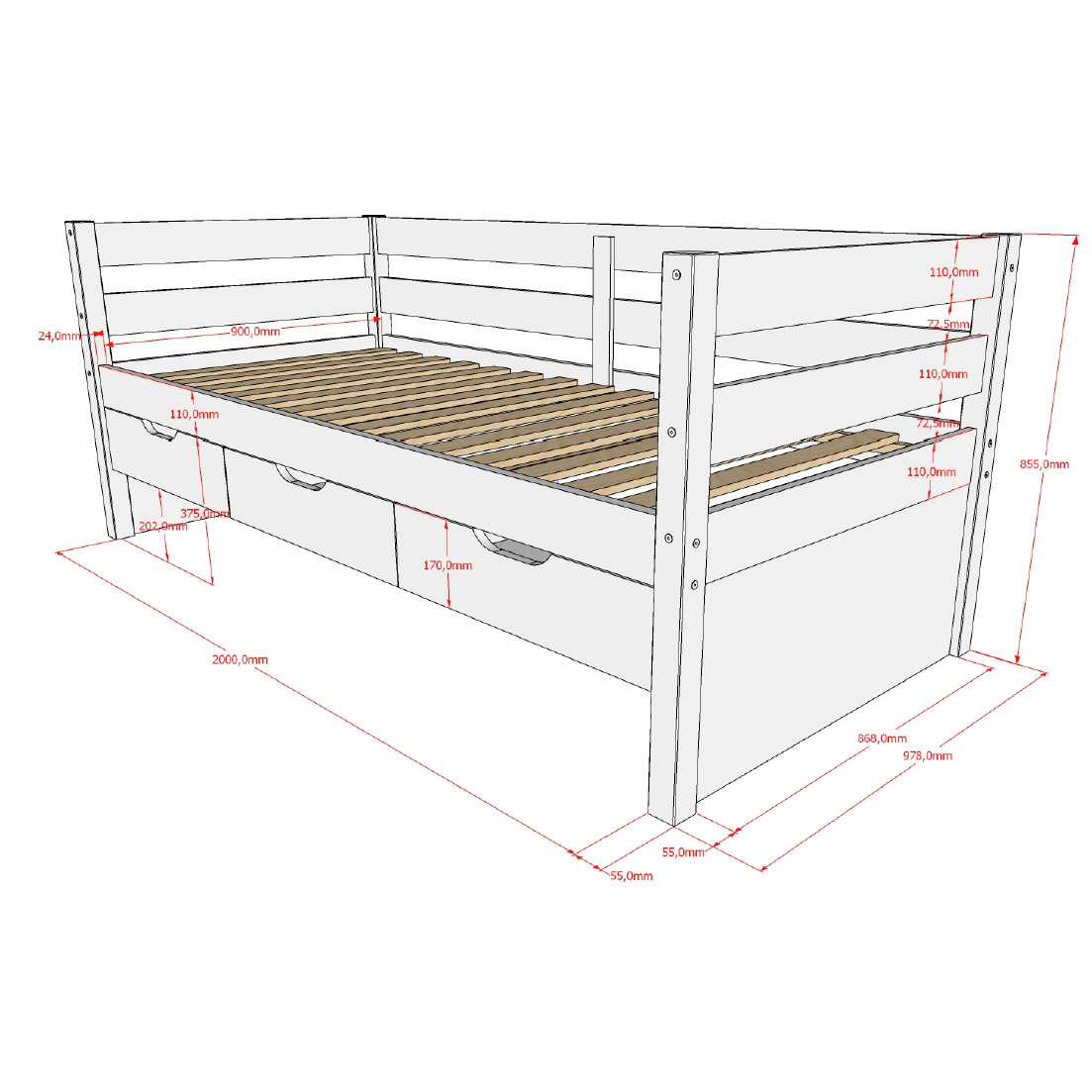 Kojenbett Margrit mit Schubladen Natur 5