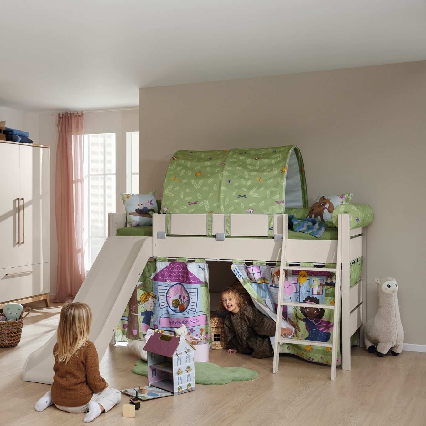 Halbhohes Bett Tiago mit Rutsche Beige, mit Schrägleiter, 90 x 200 cm 2