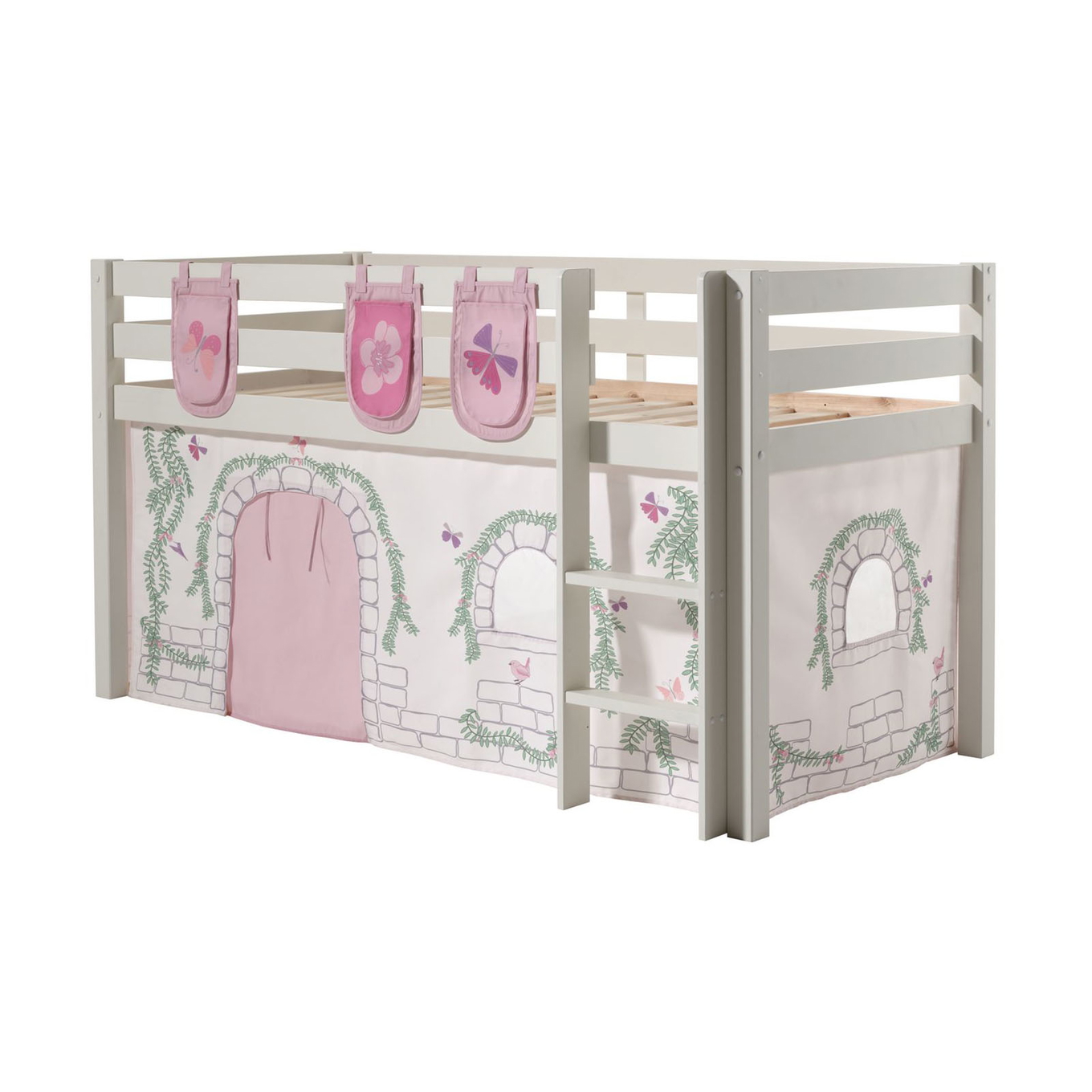 Halbhohes Bett Birdy Weiss, mit Spielvorhang und Betttaschen 1