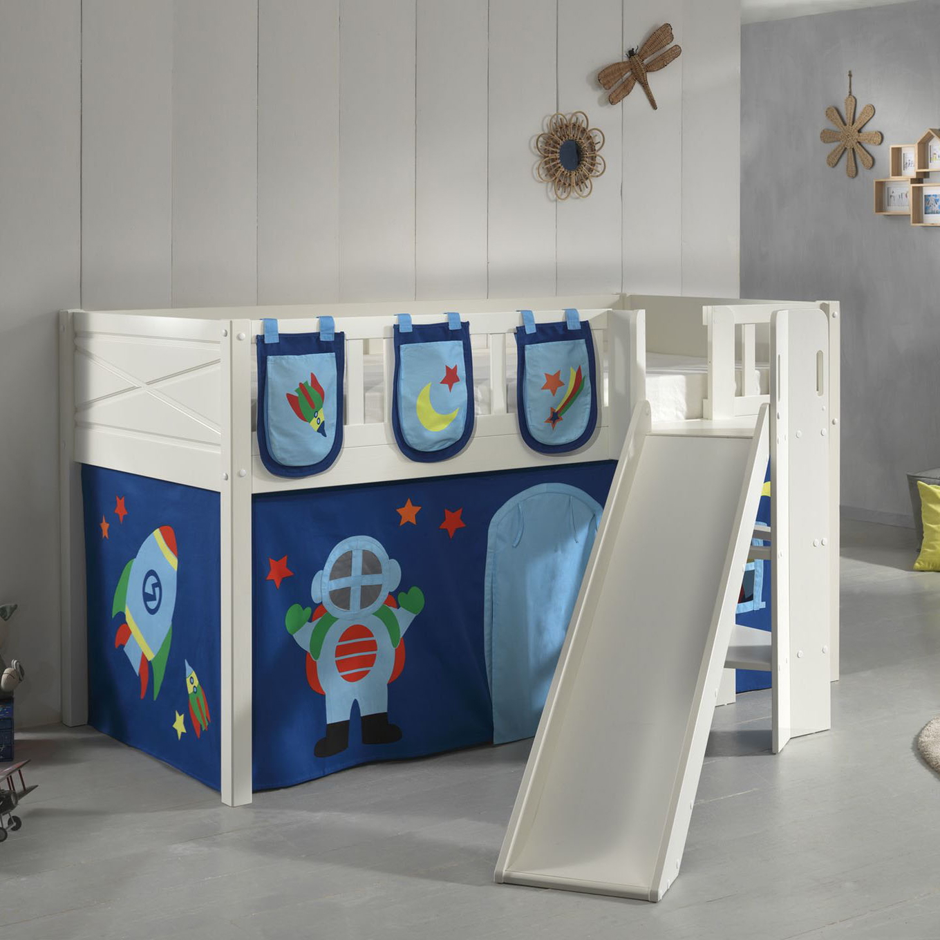 Halbhohes Bett Scott Astro mit Rutsche mit Spielvorhang und Betttaschen #2