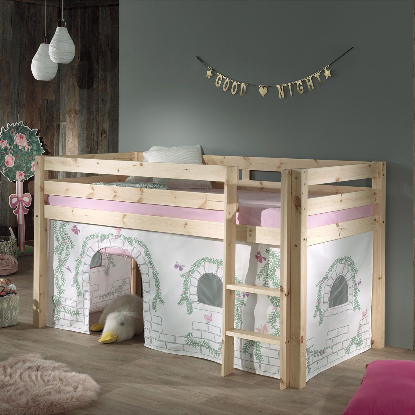 Halbhohes Bett Birdy Holz, mit Spielvorhang 2