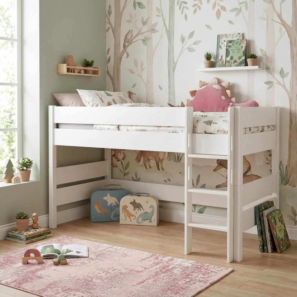 Mittelhohes Bett Tiago Weiss, mit gerader Leiter, 90 x 200 cm 3