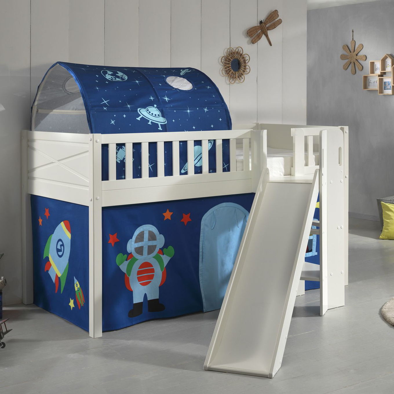 Halbhohes Bett Scott Astro mit Rutsche mit Spielvorhang und Höhle 2