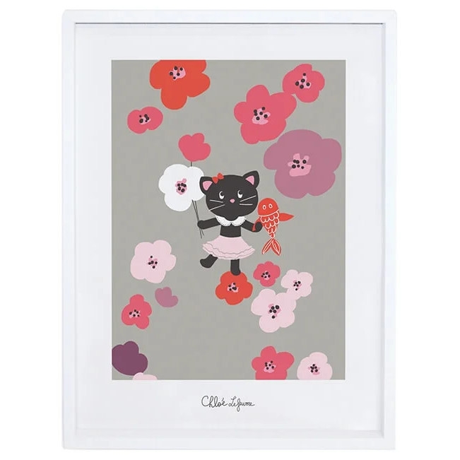 Poster Katze und Blumen mit Rahmen 1