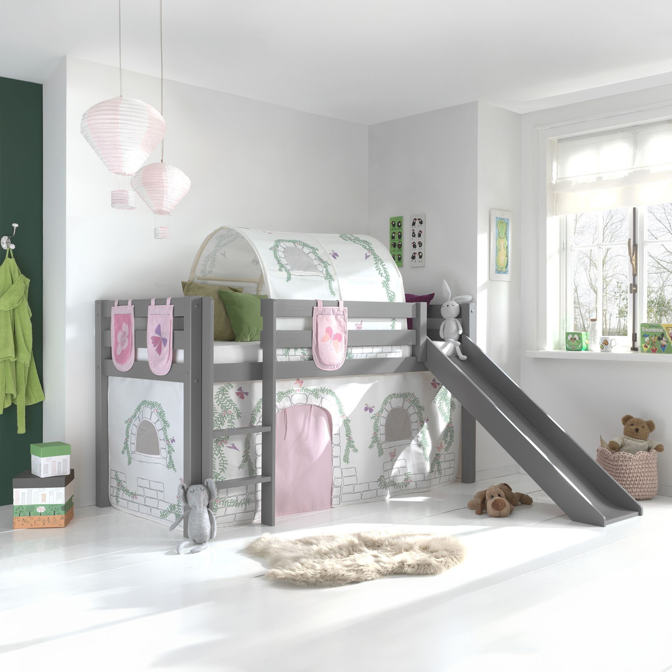 Halbhohes Bett Birdy mit Rutsche Grau, mit Spielvorhang, Höhle und Betttaschen #2