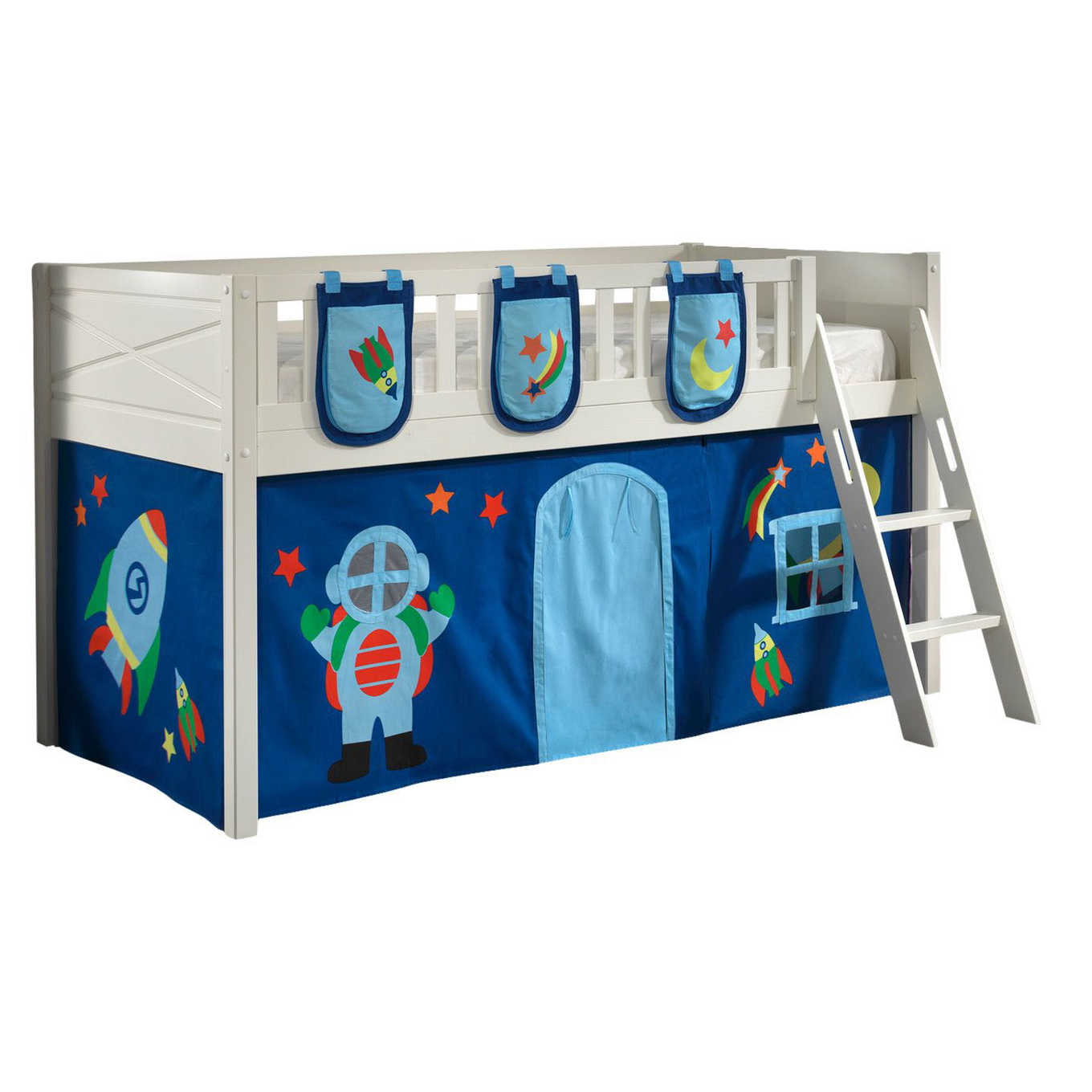 Halbhohes Bett Scott Astro mit Spielvorhang und Betttaschen