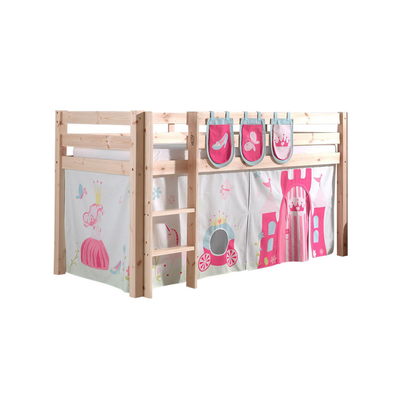 Halbhohes Bett Princess Holz, mit Spielvorhang und Betttaschen