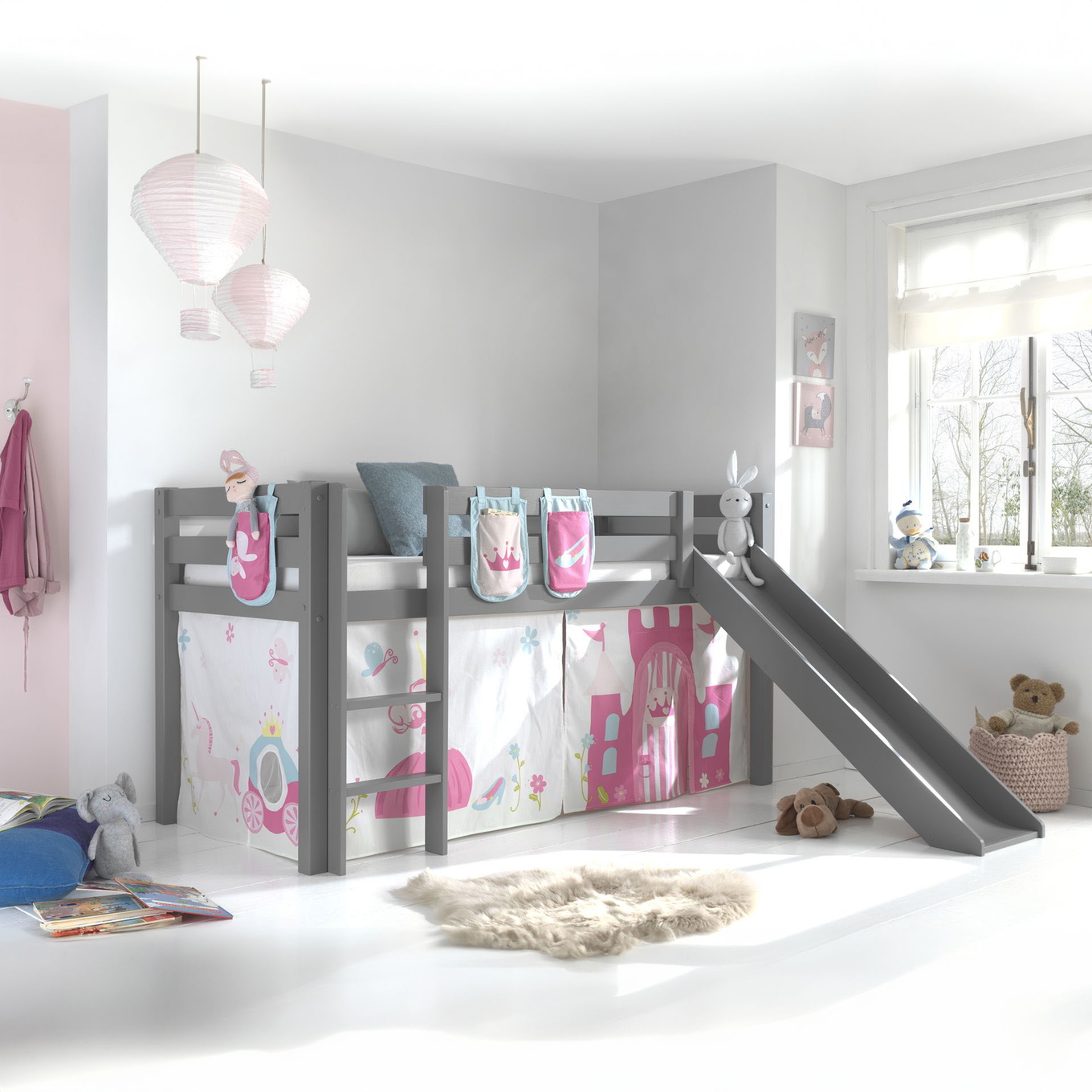 Halbhohes Bett Princess mit Rutsche Grau, mit Spielvorhang und Betttaschen 2