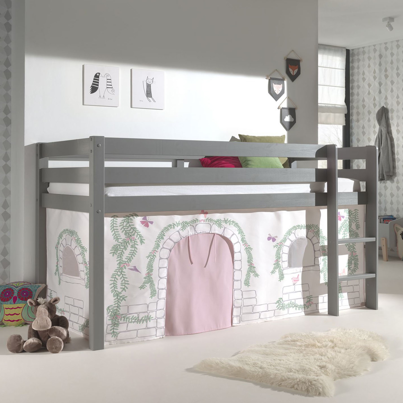 Halbhohes Bett Birdy Grau, mit Spielvorhang #2