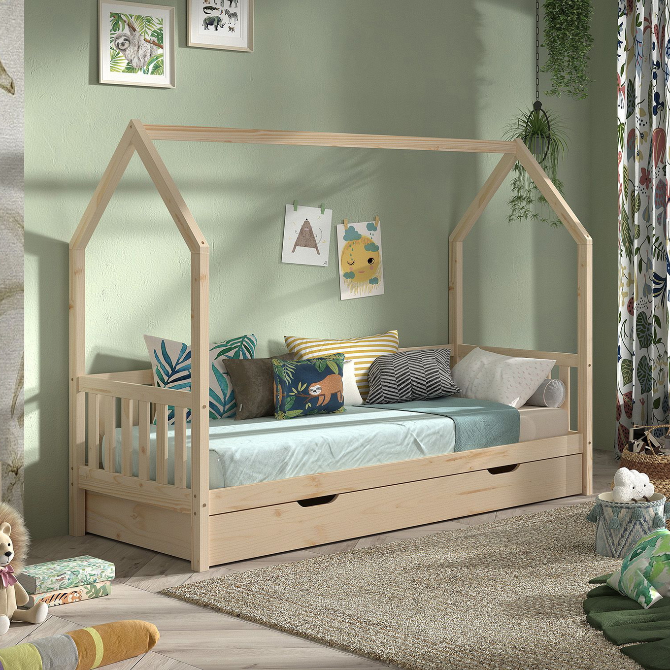 Hausbett Cabane mit Umrandung inkl. Ausziehkasten Natur #2
