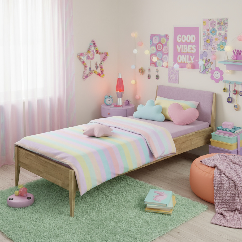 Bett Stiene mit gepolstertem Betthaupt Eiche Dunkelrosa, 90 x 200 cm 5